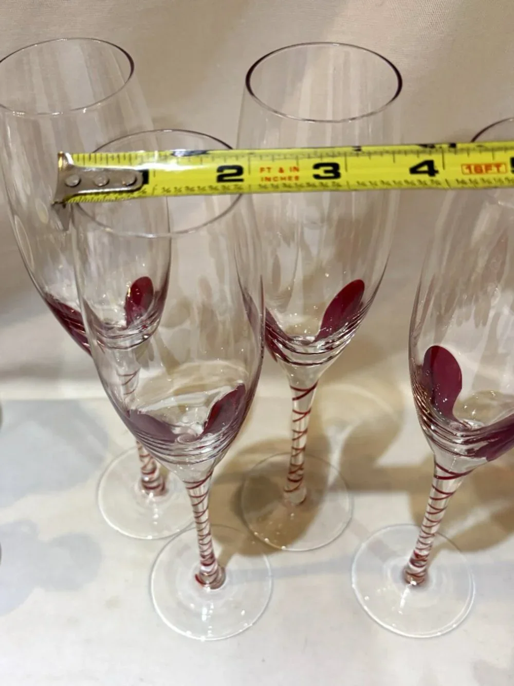 Set Of 4 Pier 1 One Red Swirled Stem Tear Drop Champagne Flute Wine Glass